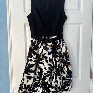 Banana Republic Black & White Floral Fit-and-Flare Dress with Belt